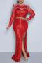 sexy plus size stretch sequina pearl rhinestone shoulder pad maxi skirt sets_Black_Red