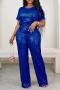 casual plus size slight stretch sequin short sleeve top & straight pants set_Black_White_Pink_Red_Blue