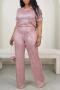 casual plus size slight stretch sequin short sleeve top & straight pants set_Black_White_Pink