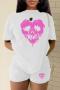 casual plus size slight stretch 6 colors heart printing orange shorts sets_Black_White