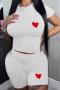 casual plus size slight stretch heart printing crew neck orange shorts sets_Black_White