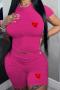 casual plus size slight stretch heart printing crew neck orange shorts sets_Black_White_Red_Magenta