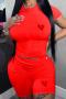 casual plus size slight stretch heart printing crew neck orange shorts sets_Black_White_Red