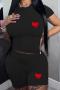 casual plus size slight stretch heart printing crew neck orange shorts sets_Black