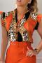 sexy plus size slight stretch stitching leopard with belt orange pants sets_Rose Red_Yellow_Orange