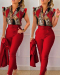 sexy plus size slight stretch stitching leopard with belt orange pants sets_Rose Red