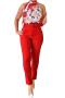 casual plus size non-stretch floral print belt pants sets_Red