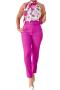 casual plus size non-stretch floral print belt pants sets_Red_Magenta