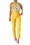 casual plus size non-stretch floral print belt pants sets_Red_Magenta_Yellow