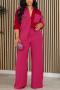 casual plus size non-stretch contrast color lapel pants sets_Magenta