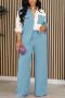 casual plus size non-stretch contrast color lapel pants sets_Magenta_Yellow_Sky Blue