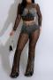 sexy plus size slight stretch mesh see-through rhinestone pants set_Black