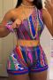 sexy slight stretch fixed printing one shoulder shorts sets_Magenta