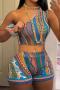 sexy slight stretch fixed printing one shoulder shorts sets_Magenta_Blue