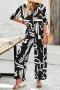 bohemian casual non-stretch batch printing short sleeve blouse & pants set_Black