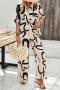 bohemian casual non-stretch batch printing short sleeve blouse & pants set_Black_Beige