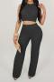 plus size new pure color stylish stretch see-through knitting sexy pants set_Black