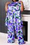 casual plus size slight stretch printed loose blouse & pants set_Red_Blue