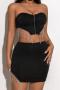 sexy slight stretch solid color tight rhinestone tassel backless mini skirt set_Black