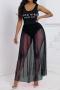 sexy plus size slight stretch pearl mesh see-through maxi skirt set_Black
