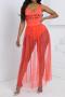 sexy plus size slight stretch pearl mesh see-through maxi skirt set_Black_White_Magenta_Orange