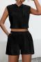 plus size solid color summer slight stretch simple casual hooded shorts set_Black