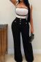 new sexy plus-size slight stretch patchwork bandeau top suspenders pants set_Black