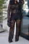 sexy plus size slight stretch lace see-through long sleeve pants set_Black