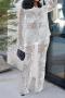 sexy plus size slight stretch lace see-through long sleeve pants set_Black_White