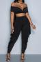 sexy slight stretch 3 colors solid color off shoulder sleeveless pants sets_Black