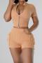 sexy plus size solid color slight stretch slim two-way zip-up shorts set_Black_Pink_Light orange