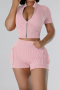 sexy plus size solid color slight stretch slim two-way zip-up shorts set_Black_Pink