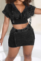 sexy slight stretch 4 colors hooded crop top & mini skirt set_Black