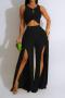 sexy plus size slight stretch solid color crop hollow vest slit pants set_Black