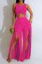 sexy plus size slight stretch solid color crop hollow vest slit pants set_Black_White_Magenta