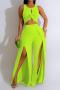 sexy plus size slight stretch solid color crop hollow vest slit pants set_Black_White_Magenta_Light Green