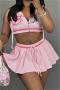 new sexy slight stretch patchwork hooded top lace-up mini skirts set_Gray_Pink