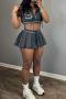 new sexy slight stretch patchwork hooded top lace-up mini skirts set_Gray