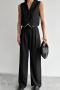 stylish office lady non-stretch color-block v-neck vest & straight pants set_Black