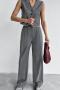 stylish office lady non-stretch color-block v-neck vest & straight pants set_Black_Gray