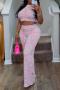 sexy plus size slight stretch slim crop top high waist pants set_Gray_Pink