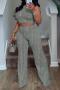 sexy plus size slight stretch slim crop top high waist pants set_Gray