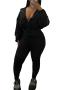 stylish plus size slight stretch 5 colors drawstring zip-up top & pants set_Black
