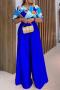 casual plus size non-stretch graphic printing blouse & wide leg pants set_Red_Blue