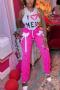 sexy plus size slight stretch letter printing sleeveless pants sets_Red_Magenta