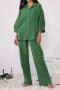 casual non-stretch solid color loose cotton three-quarter sleeve pants set_Green