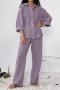 casual non-stretch solid color loose cotton three-quarter sleeve pants set_Green_Purple