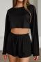 sexy slight stretch crew neck 3 colors drawstring shorts sets_Black