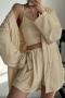 casual slight stretch ribbed knit with belt shorts three-piece set_White_Khaki