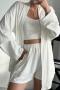 casual slight stretch ribbed knit with belt shorts three-piece set_White
